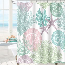 MAYZUS Extra Long Shower Curtain 72 x 96 Inch, Floor to Ceiling X-Long Tall Pink Green Nautical Coastal, Seashell Starfish Coral Beach Ocean Themed for Bathroom Decor