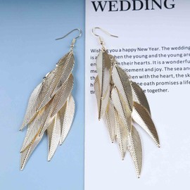 Cimenexe Bohemian Layered Leaf Dangle Earrings Gold Feather Drop Earrings Long Chandelier Leaf Earrings Metal Leaf Hook Earrings Jewellery for Women and Girls