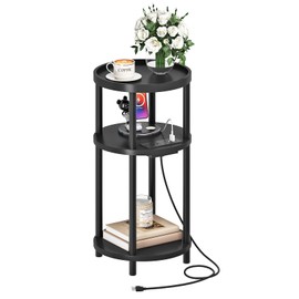 HOOBRO Small Round Side Table with Charging Station, 3-Tier Round Bamboo End Table, Compact Sofa Bedside Table for Small Space, Easy Assembly, for Living Room, Bedroom, Apartment, Black BB152UBZ01