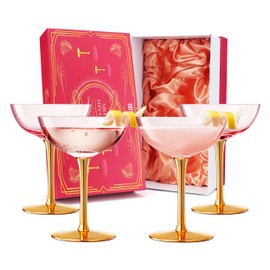 Colored Coupe Art Deco Glasses, Gold | Set of 4 | 12 oz Classic Cocktail Glassware for Champagne, Martini, Manhattan, Sidecar, Crystal Speakeasy Style Goblets Stems, Vintage Pink, Rose, Blush