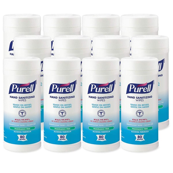 PURELL Hand Sanitizer Wipes Alcohol Formula, Fragrance Free, 80 Count Durable Non-Linting Wipes Canisters (Case of 12) - 9030-12,White