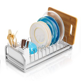 YEYPOP Dish Drying Rack for Small Kitchen Counter, 304 Stainless Steel Small Dish Rack w Utensil Holder & Tray for Limited Space, Rustproof Narrow Dish Rack for Pot & Pan, Plate, Lid (Silvery)