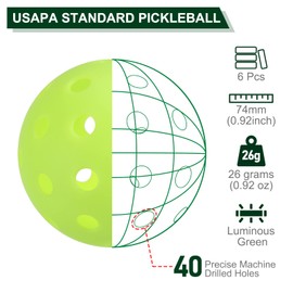 PATIKIL Outdoor Pickleball Balls, 40 Holes Pickleball USA Pickleball Approved (USAPA), 6 Pack Pickleball Balls for Indoor and Outdoor Sport, Luminous Green