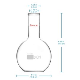 StonyLab Glass 500ml Long Neck Flat Bottom Flask, Borosilicate Glass Heavy Wall Flat Bottom Boiling Flask with Long Neck, 500ml