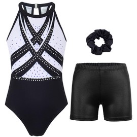 MODAFANS Gymnastics Leotards for Girls With Shorts Tumbling Dance Clasp Back Activewear Multi-geometry,12-13Years