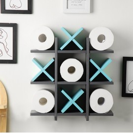Weysat Tic Tac Toe Toilet Paper Holder Stand Toilet Paper Storage Bathroom Decor Rustic Wooden Hanging Storage Freestanding Wall Mounted Shelves Decor for Toilet Tissue Farmhouse(Gray, Light Blue)