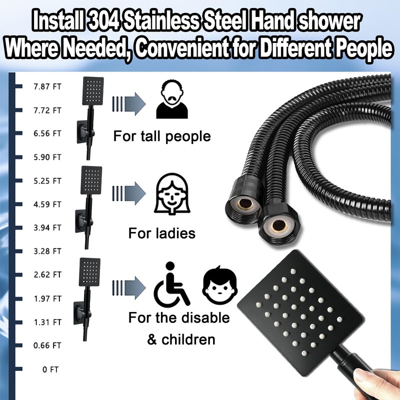 Black Shower Head and Handle Set All Metal, 8'' High