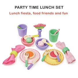 Mentari Toys Colorful Wooden Party Set with Vase, Plates, Bowls, Serviettes, Cups, Straws, Scoops, Tarts and Cutlery