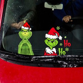UNVOJL 2 Pieces Christmas Green Monster Car Sticker Green Monster Xmas Design Car Decals Waterproof Cute Cartoon Christmas Stickers Cute Christmas Decoration Stickers for Car Decor