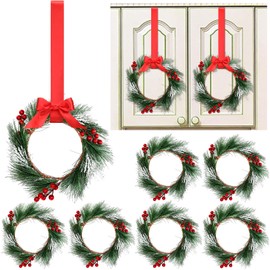 Crowye 6 Pcs Mini Christmas Wreaths for Kitchen Cabinets with Ribbon Hanging 10 Inches Artificial Green Leaves Decorative Berry for Kitchen Window Front Door Wall Winter Decor(Red)