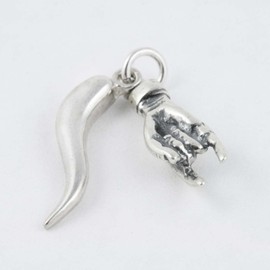 Italian Good Luck Hand Mano Cornuto and Cornicello Corno Horn 3D 925 Solid Sterling Silver Bracelet Charm Pendant Jewelry Making Supply
