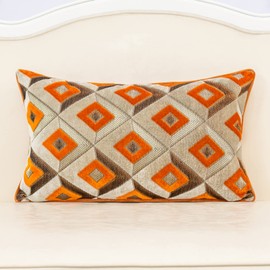 Alerfa Rectangle Pillow Geometric Plaid Embroidery Cut Velvet Cushion Case Luxury Modern Lumbar Throw Pillow Cover Decorative Pillow for Couch Sofa Living Room Bedroom Car 12 x 20 Inch Orange