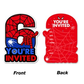 Cute Superhero 6th Birthday Party Invitations Glitter Super Hero 6 Year Old Boy Birthday Shaped Invites Fill-in Invitations With Envelopes, Set of 20