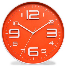 kinger-home 10 inch reloj de pared, Big 3d número Silent Non-ticking Reloj de cuarzo, silencioso movimiento barrido decorativo, fácil de leer hogar/oficina/escuela reloj, Anaranjado, 10 pulgadas