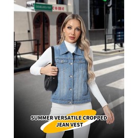 Xeoxarel Women's Denim Vest, Sleeveless Jean Jacket, Cropped Distressed Buttoned Washed Chest Pockets Blue Large