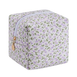 WHHJM Cube Cosmetic Makeup Bag Small Cotton Quilted Makeup Pouch for Purse Cute Floral Travel Toiletry Zipper Pouch (Purple Floral)