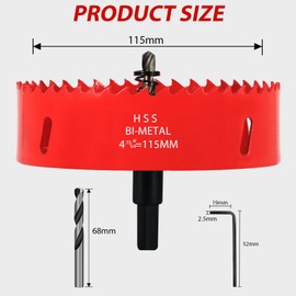 KACNON Hole Saw 115 mm, Universal High-Speed Steel HSS M42 Bi-Metal Hole Saws with Hex Shank and Drill, Complete Sizes, for Wood, Plastic, Plasterboard, Sheet Metal, Red