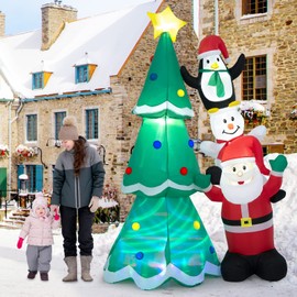 Tangkula 8FT Inflatable Christmas Tree & Santa Claus w/LEDs & Air Blower, Blow Up Yard Decoration, Inflates Christmas Tree w/Snow Man and Penguin, Indoor Outdoor Inflatable Decoration for Yard Lawn
