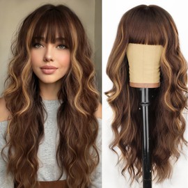AISI HAIR Brown with Highlight Wig with Bangs Long Wavy Synthetic Wig for Women Daily Party Use