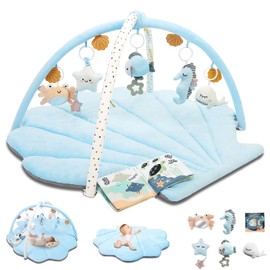 Baby Play Gym Mat, Oversize Tummy Time Activity Mat for Babies 0-6 Months, Shells Shaped Baby Play Mat with 6 Detachable Toys, Baby Mat for Floor Sensory Exploration Motor Skill Development (Blue)