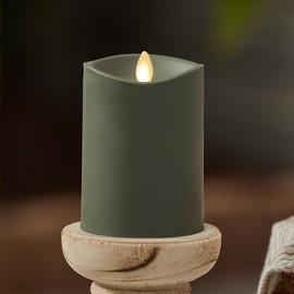 Luminara Outdoor Flameless LED Candle, Loden Green 3.25" x 5", Moving Flame Pillar Timer Battery Operated Premium Plastic IPX4 Water Resistance
