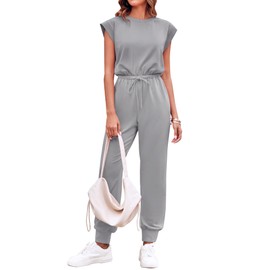 Onedreamer Women's Cap Sleeve Crewneck Open Back Jumpsuits Loose Fit One Piece Tracksuits Sweatsuits (Grey,S)