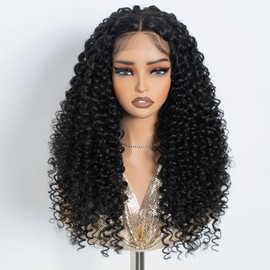 Rebecca Q Black Lace Front Wig Long Deep Wave Curly Wigs for Women Synthetic Natural Crimps Curls Lace Frontal Wig 24 Inches T-Part Preplucked Hairline Wig with Baby Hair