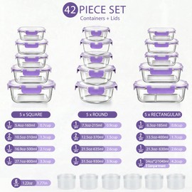 42pcs Glass Food Storage Containers with Lids Set, 21 Containers & 21 Lids Glass Meal Prep Containers with Snap Locking Lid Set, Leak Proof Lunch Container BPA-Free,Purple