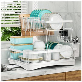 7 code Large Dish Drying Rack, 2-Tier Dish Racks for Kitchen Counter, Detachable Large Capacity Dish Drainer Organizer with Utensil Holder, Dish Drying Rack with Drain Board, White