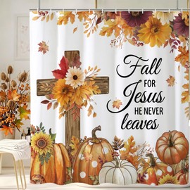 Baccessor Fall Shower Curtain Pumpkin Cross Shower Curtains Autumn Floral Bathroom Bath Decor Waterproof Weighted with Hooks 72 W x72 H Inch