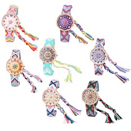 JewelryWe Women's Watch Boho Flowers Watch Bohemian Style Colourful Adjustable Braided Rope Strap Cotton Analogue Quartz Wrist Watch Women's Casual Watch with Round Floral Print Dial, 7pcs set.