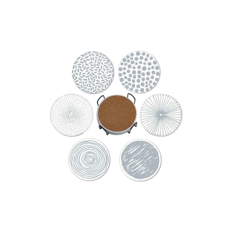 6Pcs Drink Coasters with Iron Holder, Cork Base, Ceramic Round