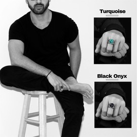 Retro Black Onyx Rings for Men, Mens black Stone Ring Stainless Steel Oval Vintage Mens Jewelry, Size 8