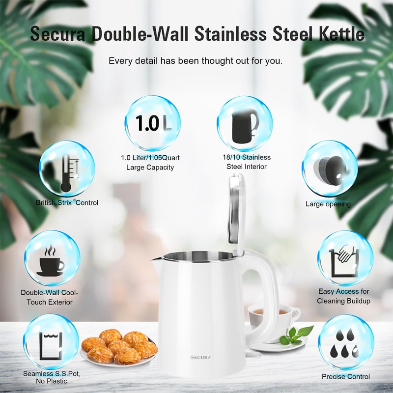 Secura Stainless Steel Double Wall Electric Kettle Water Heater for