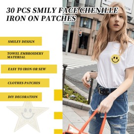 Zakrafo 30 Pcs Sequin Round Smiley Face Chenille Patches Cute Iron-On Patches for a Diverse Range of Fabric Clothes DIY Projects