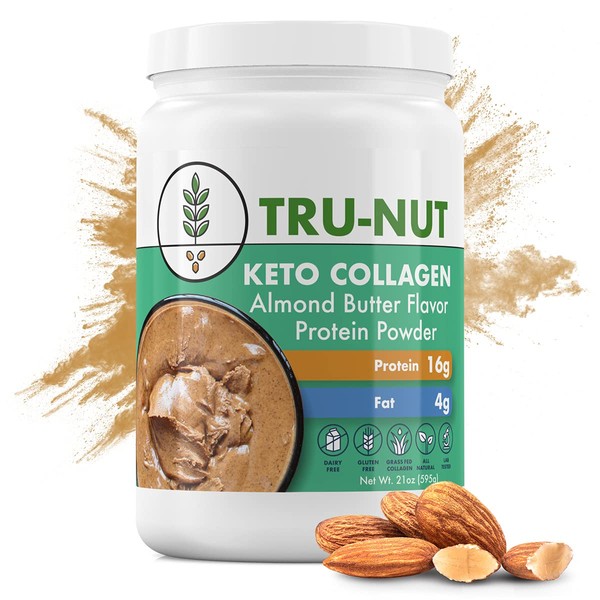 Tru-Nut Keto Collagen Protein Powder with MCT Oil - Joint Support, Skin, Nails and Hair - All Natural, US Grass Fed Collagen Peptides and Toasted Almonds - Almond Butter Flavor - 21oz