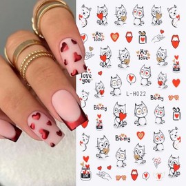 Valentine's Day Nail Art Stickers Decals Red Heart Nail Decals 6PCS Cartoon Bunny Cat Heart Valentine's Nails Adhesive Sticker Lip Print Bear Rose Valentine's Manicure Supply for Nail Art Decorations