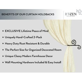 RTZEN Decorative Metal Curtain Tiebacks - Farmhouse Wrought Iron Curtain Holdbacks - Drapery Holders for Wall - Unique Metal Tie Backs for Curtains - 2 Pcs (Black Swirly)
