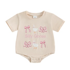 Summer Clothes Newborn Baby Girl Short Sleeve Bubble Romper Bow Goose Printed Bodysuit Top (Beige, 0-3 Months)