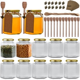 Woaiwo-q 16 oz Honey Jars with Dipper, 12 Pack Hexagon Glass Jars with Golden Lids,Wooden Honey Sticks for Baby Shower Favors/Wedding Favors for Guests Bulk-Honey Jars with Wooden Dippers……
