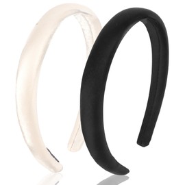 GAFATORY Satin Headbands Padded DIY Fashion Hair Bands 2 Pcs Non Slip Solid Headbands for Women Girls Trendy Holiday Costume Accessories Black，White
