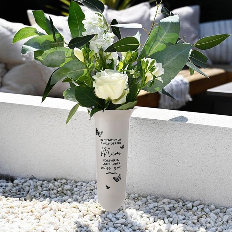 Grave/Memorial/Marker White Plastic Vase - MUM - With Spike