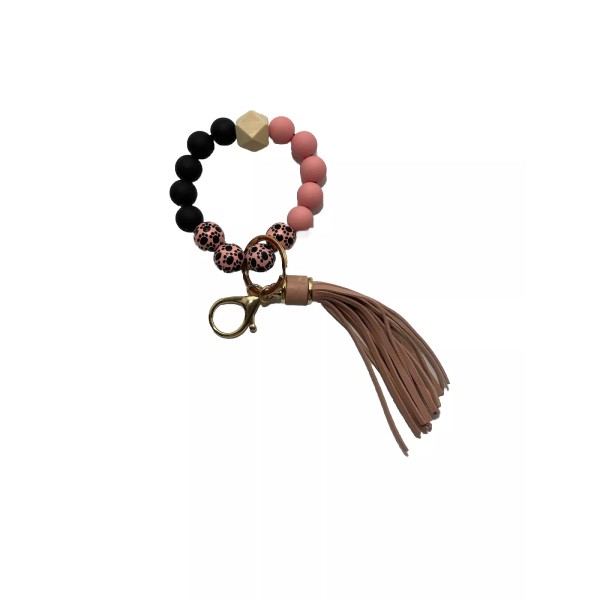 Unbranded Key Ring Wristlet Pink Black Cream Tassle Stretch Stocking