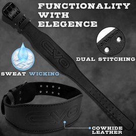 EVO Fitness 4” 6” Matte Black Weight Lifting Belt With 18" Wrist Straps Gym Cowhide Leather Padded Lumbar Back Support Powerlifting Bodybuilding Workout Training Men Women (X-Large, Black 4")