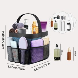 Mesh Shower Caddy Portable for College Dorm Room Essentials with 8 Pockets, Hanging Shower Caddy Dorm Basket, Quick Dry Shower Bag for Bathroom (Single Strap Handle - Black)