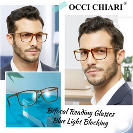 OCCI CHIARI Wide Bifocal Reading Glasses for Men 2.0X Transition Blue Blocker Readers(1.0 1.5 2.0 2.5 3.0 3.5)