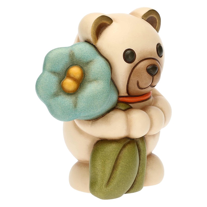 THUN, Decorative Teddy Spring 2023 Figurine with Ceramic Bellflower, Hand-Decorated,