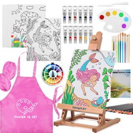Falling in Art Tabletop Easel Set, Portable Wooden Art Easel Painting Kits for Kids, Easel for Painting Canvases, Including 12 Colors Acrylic Paints, 10 Paintbrushes and 4 Canvas Panels, Pink