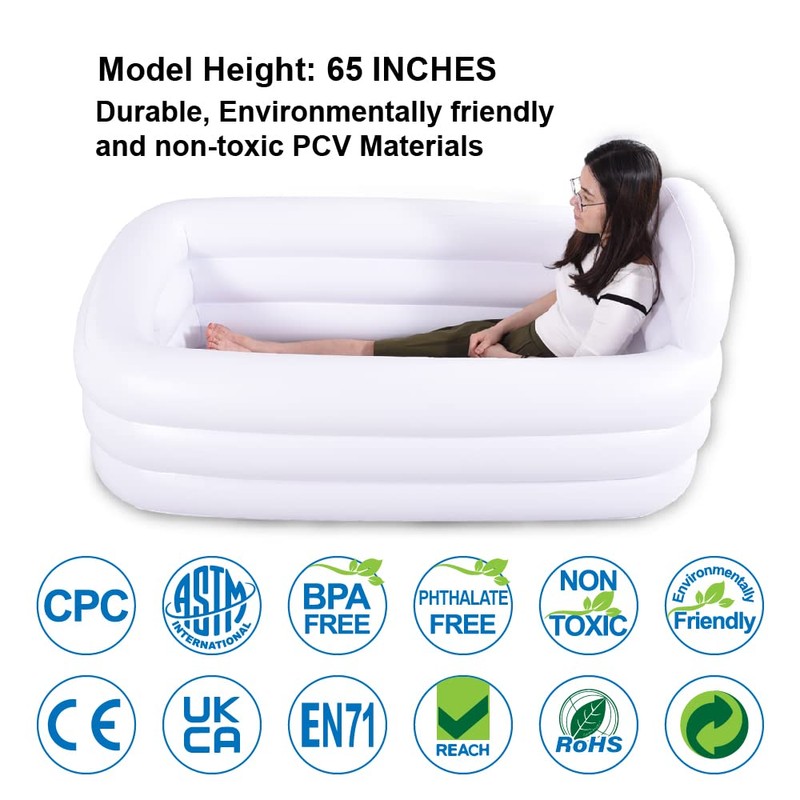 HIWENA Inflatable Portable Bathtub, White Durable Soaking Bath Tub with