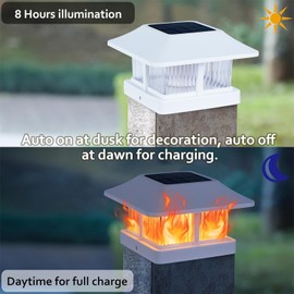 Dynaming Solar Flame Post Cap Lights Outdoor, Solar Powered White Shell Fence Post Light, Flickering Flame LED Lamps Waterproof for Garden Deck Patio, Fit 4x4, 5x5 or 6x6 Vinyl/Wooden Posts, 6 Pack